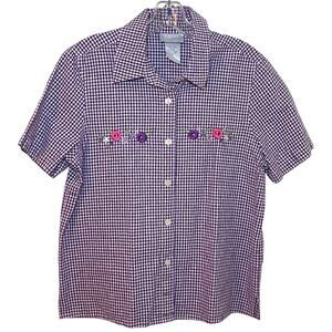 Blair Women’s Purple Gingham Button Up Shirt Linen Blend Floral Medium